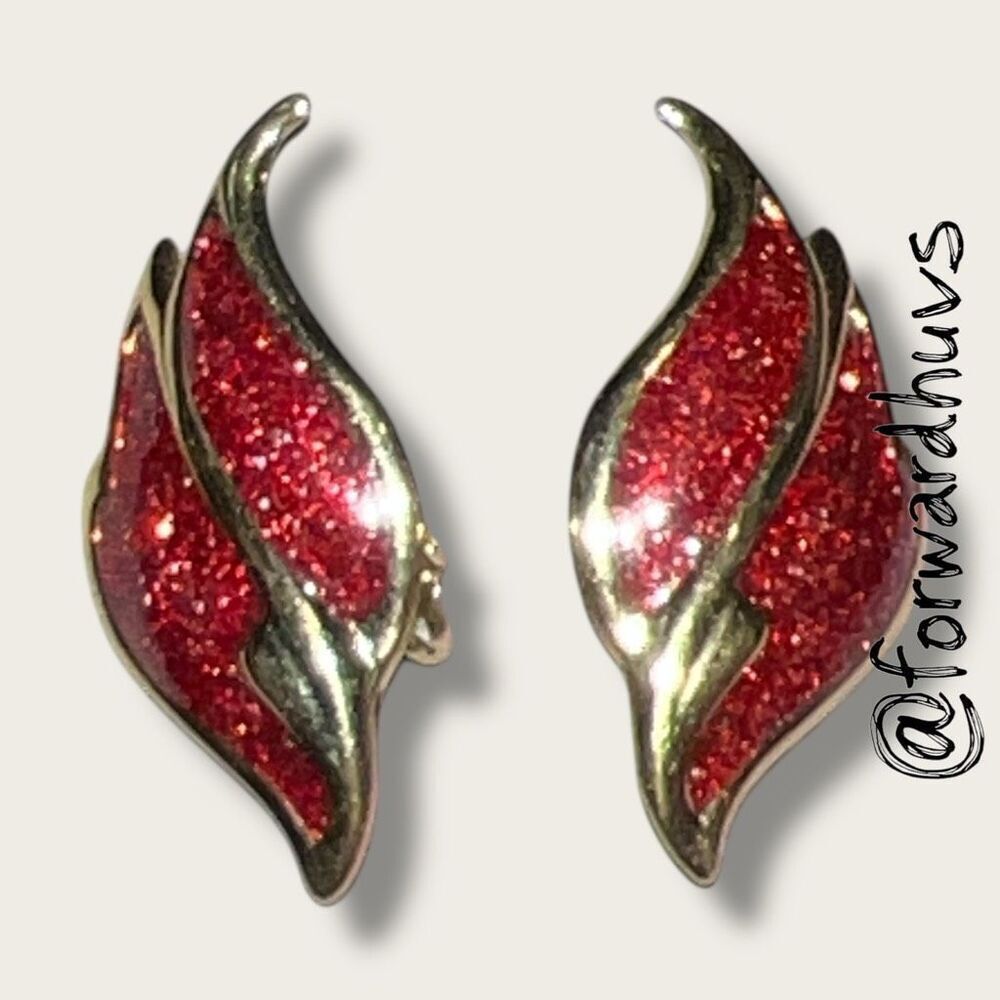 Vintage Flame Motif Red Sparkle Enamel Clip-On Earrings
